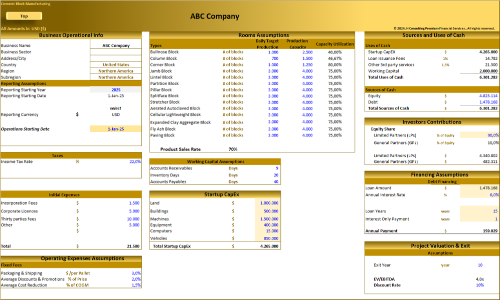 Cement Block (10-year) Manufacturing Financial Model