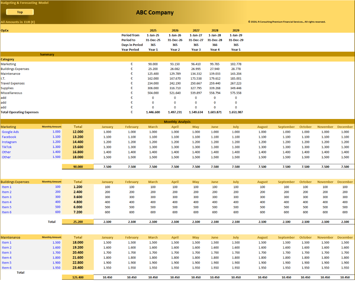 Budgeting and Forecasting Financial Model